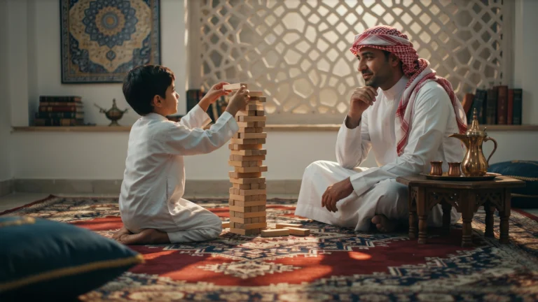 أب سعودي يراقب موهبة طفله أثناء بناء برج من المكعبات في مجلس البيت