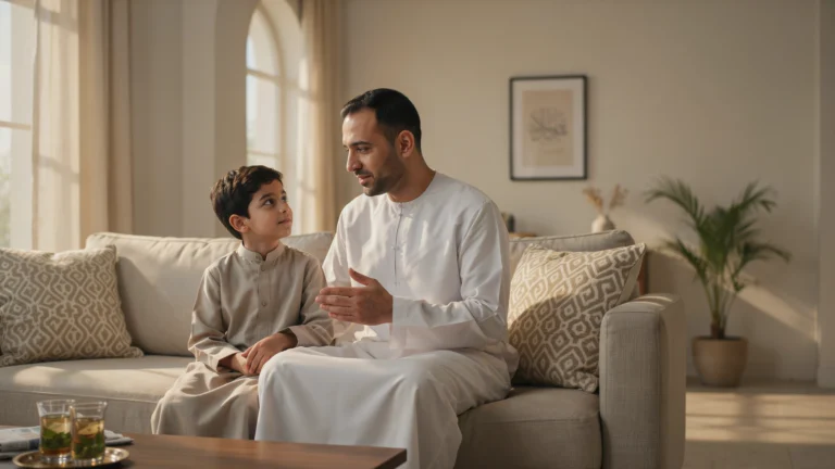 التربية الحازمة: أب يتحدث بهدوء واحترام مع ابنه في المنزل