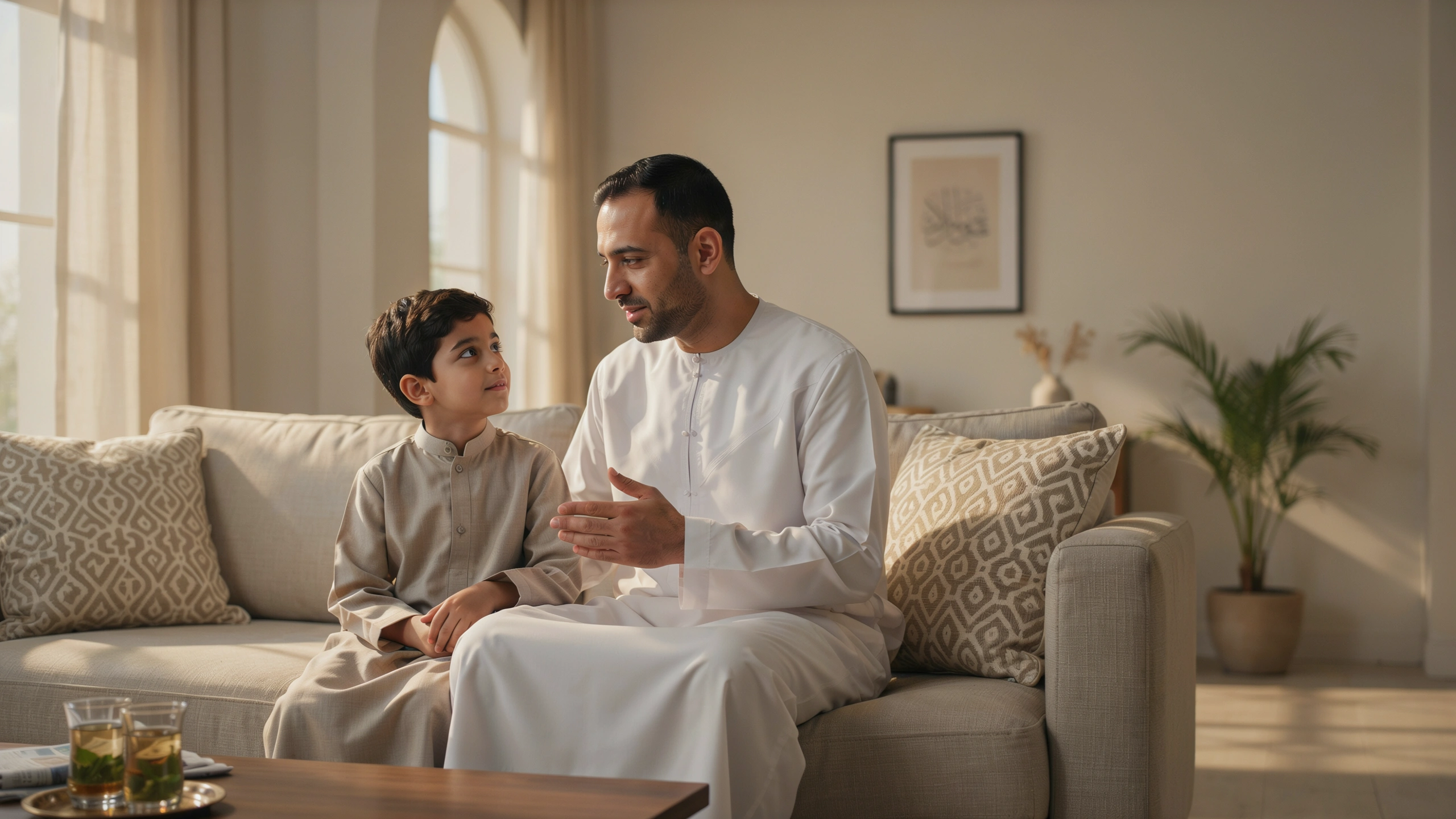 التربية الحازمة: أب يتحدث بهدوء واحترام مع ابنه في المنزل