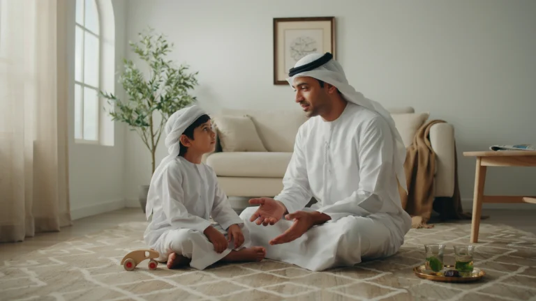 التربية بالقدوة: أب سعودي يجلس مع ابنه ويكون له قدوة في الصبر والهدوء