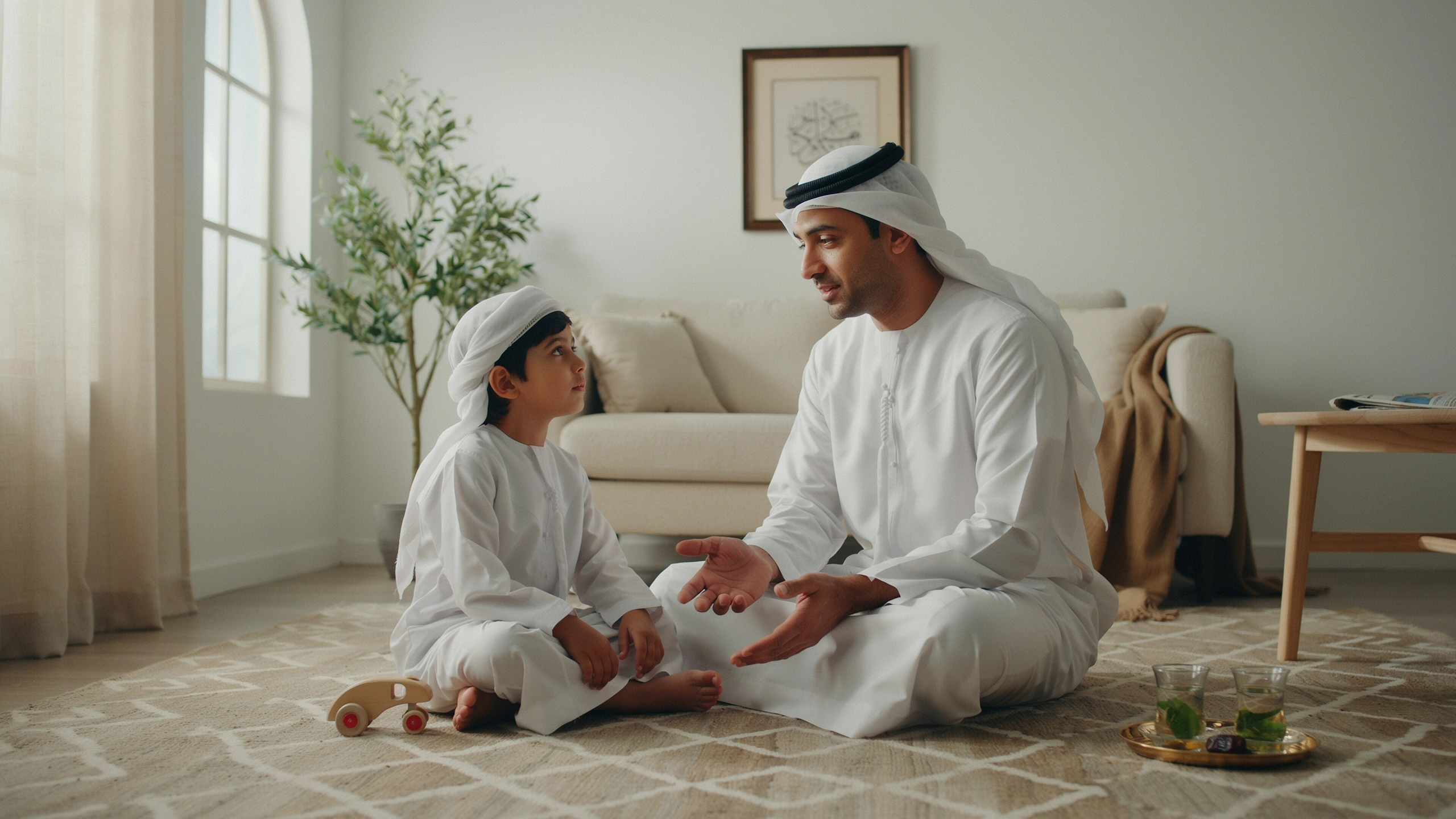 التربية بالقدوة: أب سعودي يجلس مع ابنه ويكون له قدوة في الصبر والهدوء