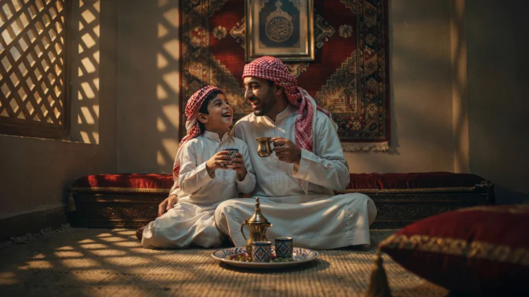 دور الأب في التربية - أب سعودي يستمع لابنه في مجلس عائلي دافئ