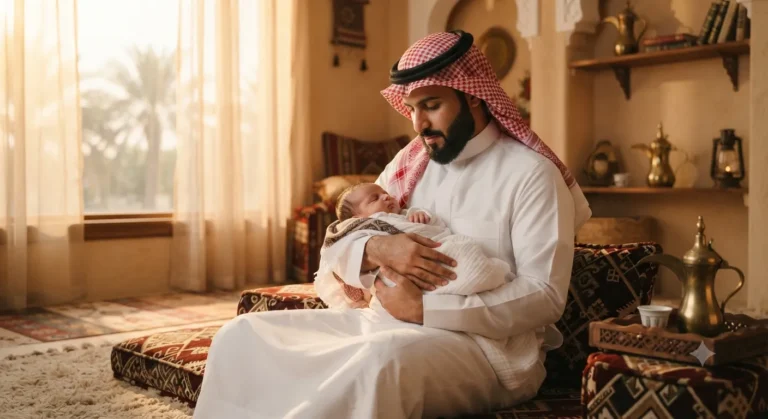 أب سعودي يحمل رضيعه على صدره بحنان في مجلس عربي دافئ — دور الأب مع الرضيع من اليوم الأول