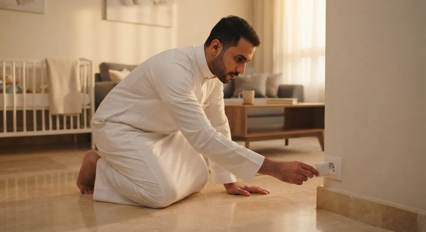 أب سعودي يرتدي ثوبًا أبيض يركّب سدادة أمان على مقبس كهربائي منخفض في غرفة جلوس حديثة لتأمين سلامة المنزل للرضيع