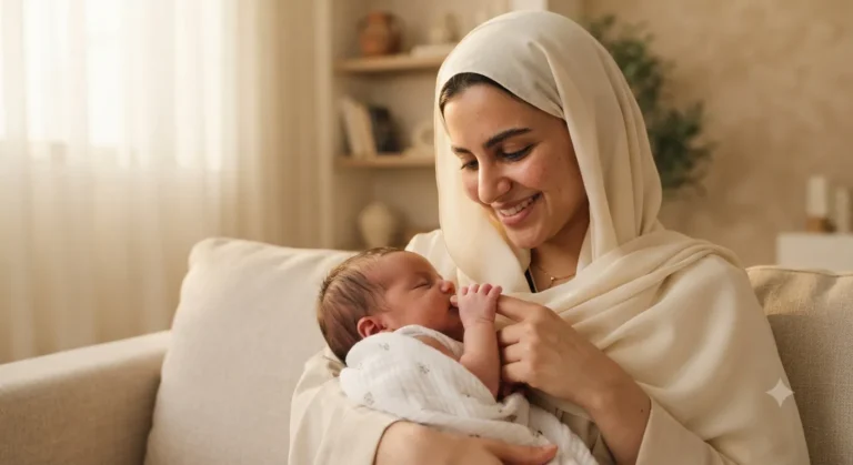 أم تحتضن رضيعها بحنان وتنظر إليه بحب — بناء الرابطة العاطفية مع الرضيع