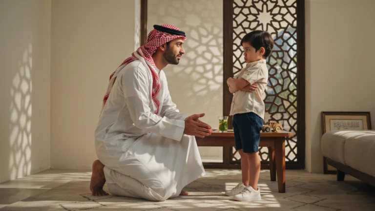 أب سعودي يجلس على مستوى طفله العنيد ويستمع إليه بحنان في غرفة المعيشة