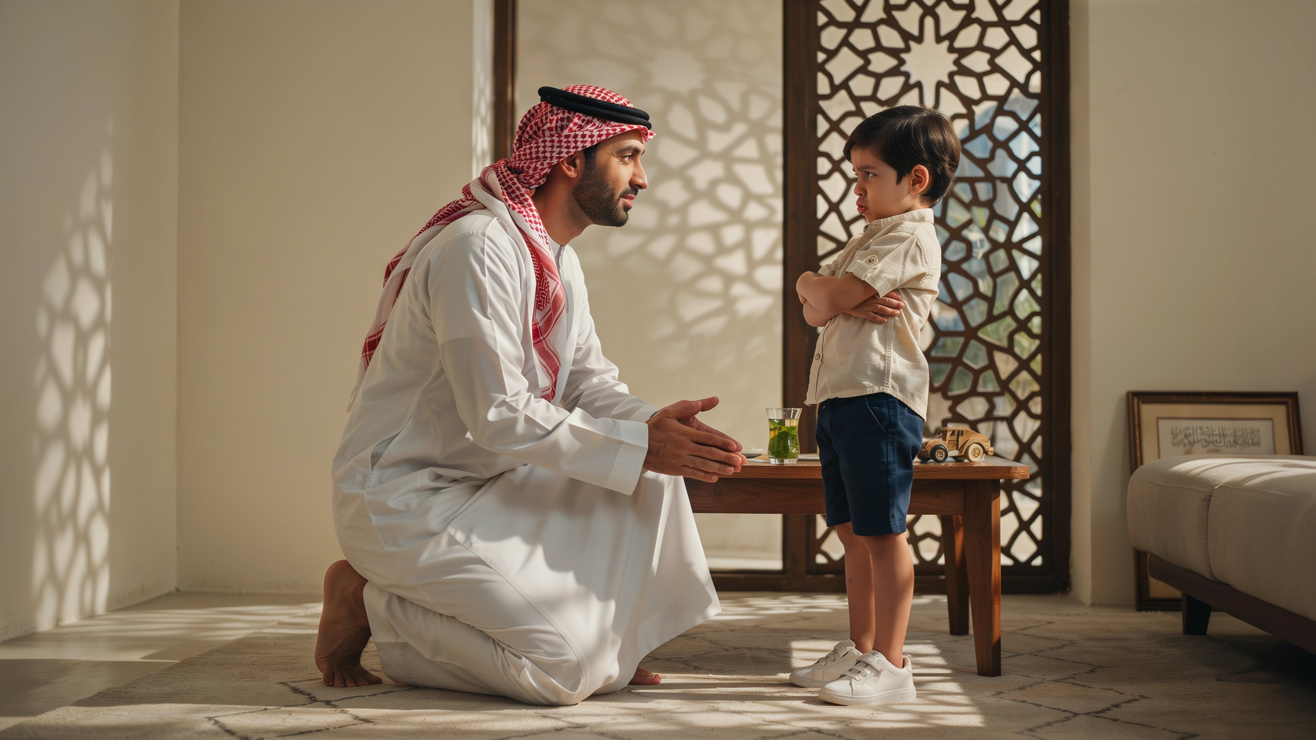 أب سعودي يجلس على مستوى طفله العنيد ويستمع إليه بحنان في غرفة المعيشة