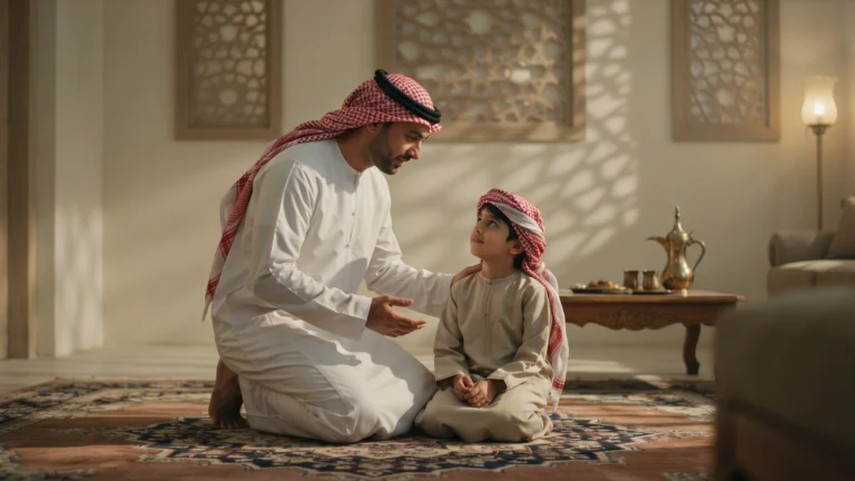 أب سعودي يجلس على مستوى ابنه ويتحدّث معه بلطف ليعلّمه كيف تقول لا للطفل دون كسر العلاقة