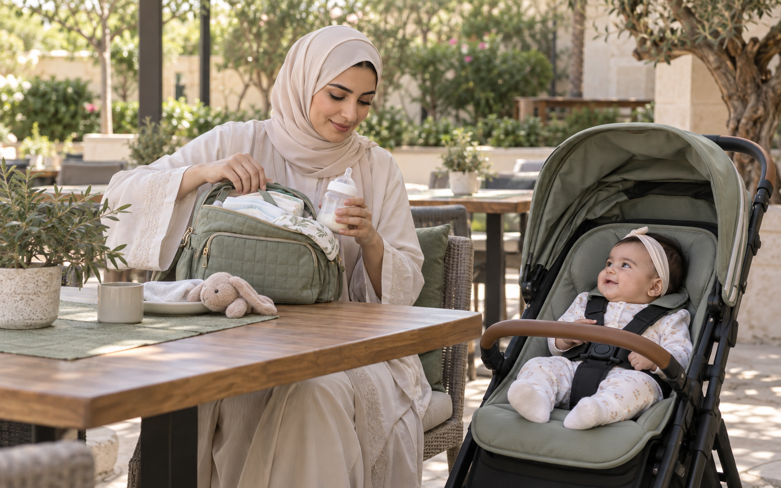 أم في مطعم هادئ ترتب حقيبة الرضيع بجوار عربة أطفال