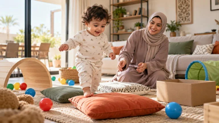طفلة عربية في عمر سنة ونصف تتحرك بين وسائد وكرات وألعاب منزلية آمنة