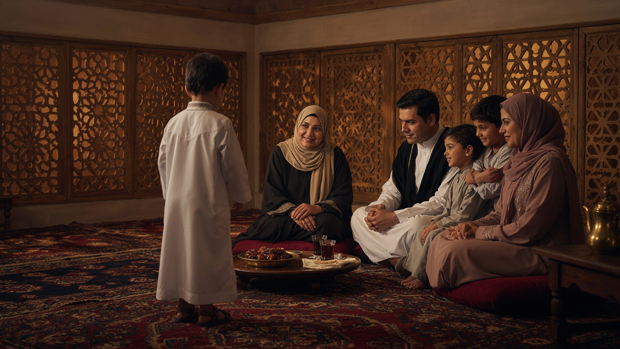 الحوار مع الطفل في الروتين اليومي - أسرة سعودية في المجلس الحوار مع الطفل في الروتين اليومي: جدّة وأسرة سعودية يجتمعون في المجلس ويتحدثون مع طفلهم الصغير