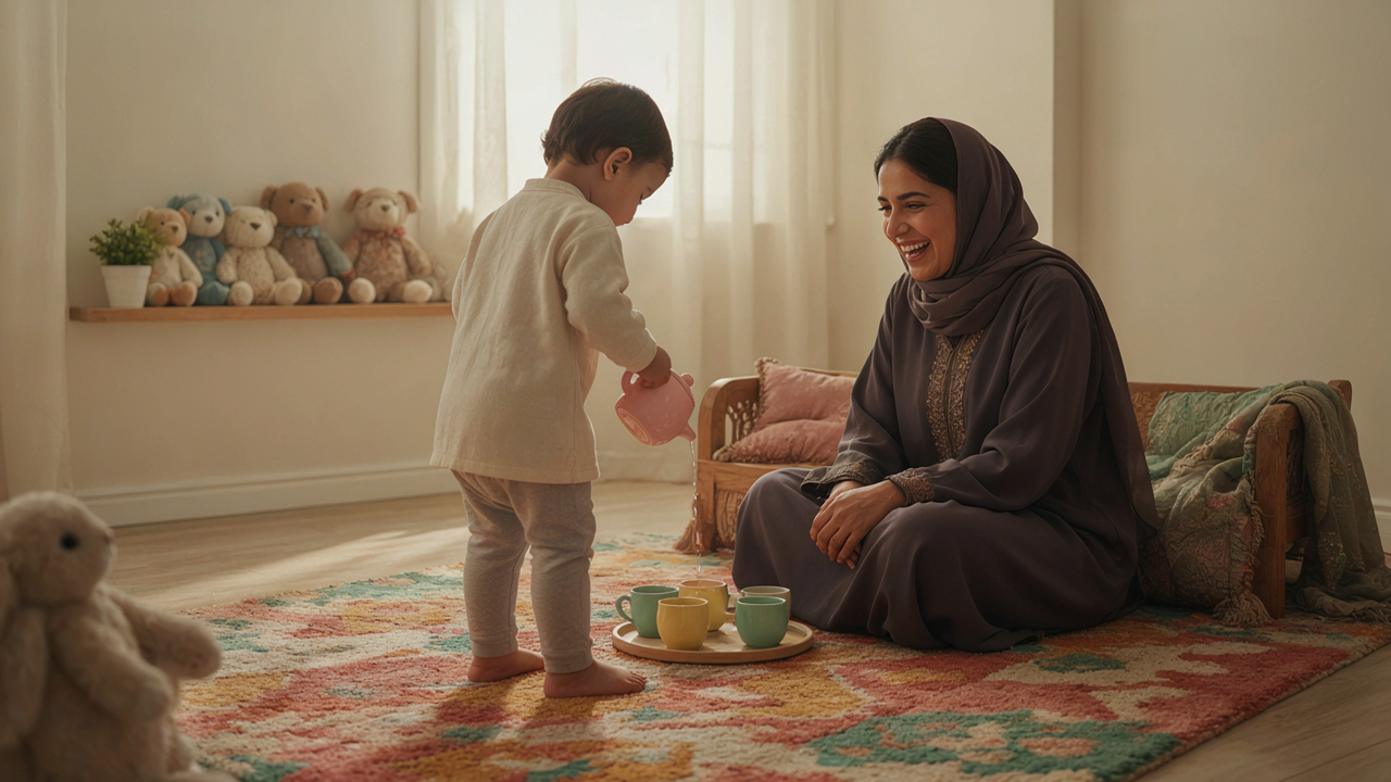 اللعب الإيحائي للطفل - صبّ الشاي طفل يصبّ شايًا خياليًا في فناجين لعبة بجانب أمه لتنمية الكلمات