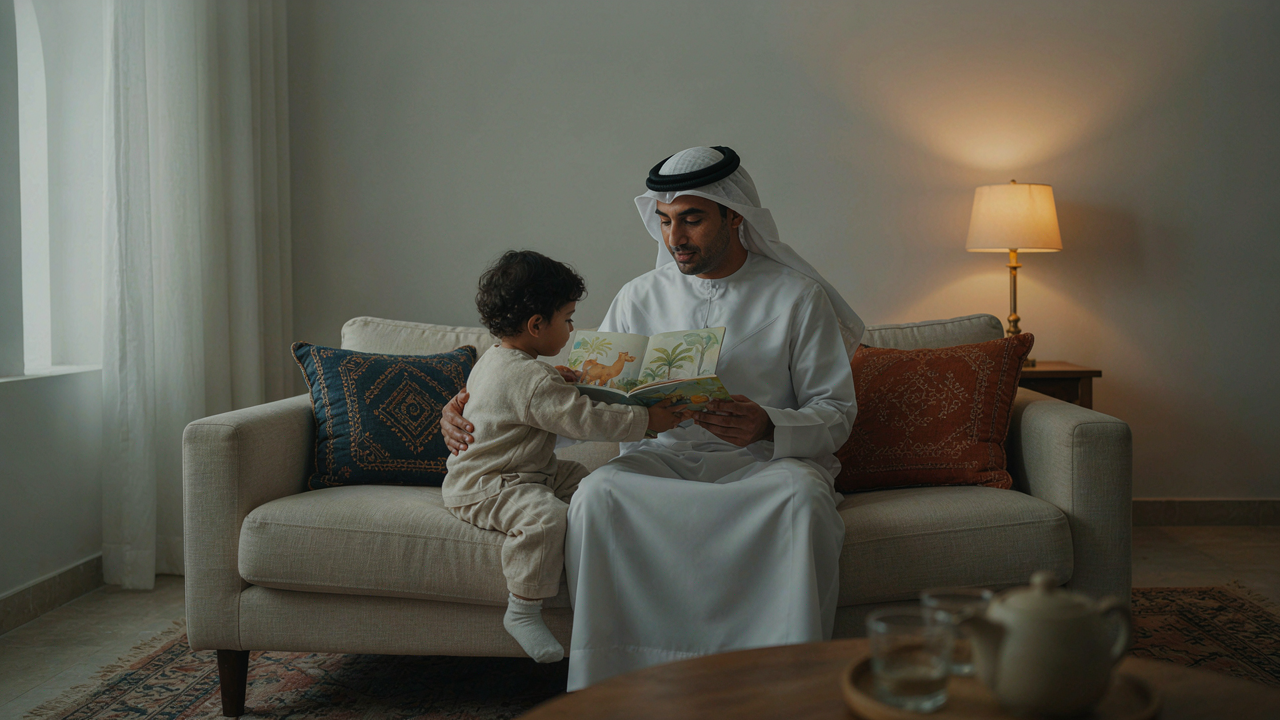 القراءة المشتركة لتنمية مفردات الطفل - أب يقرأ لطفله القراءة المشتركة لطفل صغير: أب سعودي يقرأ لطفله كتابًا مصوّرًا قصيرًا ويشيران معًا إلى الصور