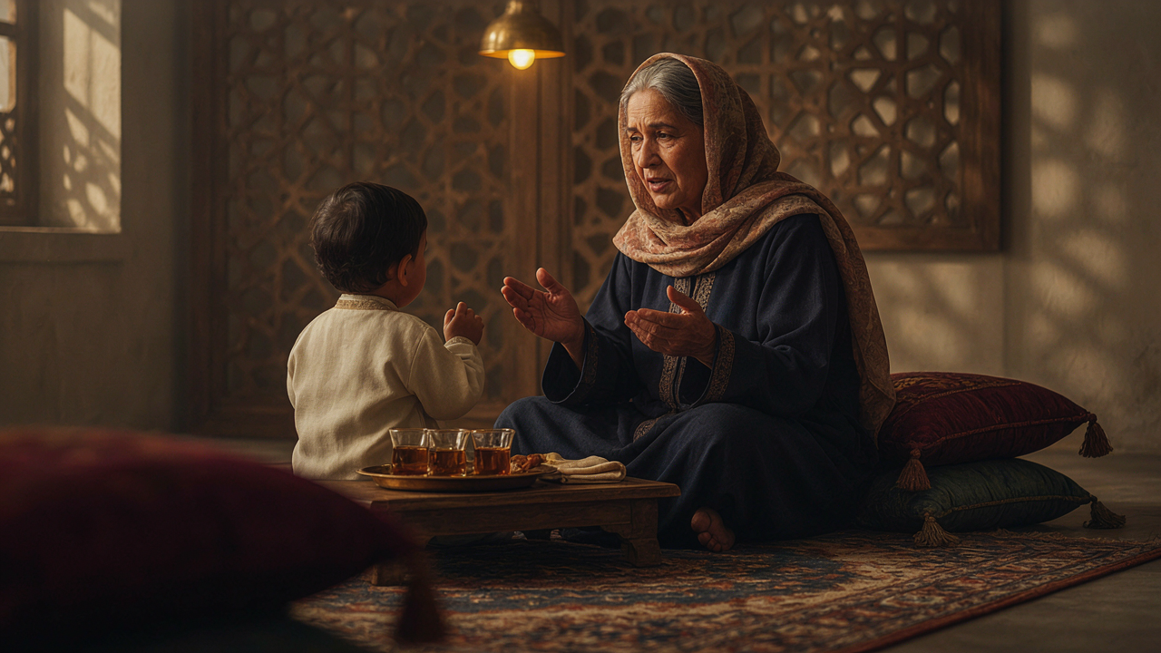 القصص التفاعلية للطفل - جدة تحكي لحفيدها جدة سعودية تحكي لحفيدها حكاية بإشارات يديها في المجلس