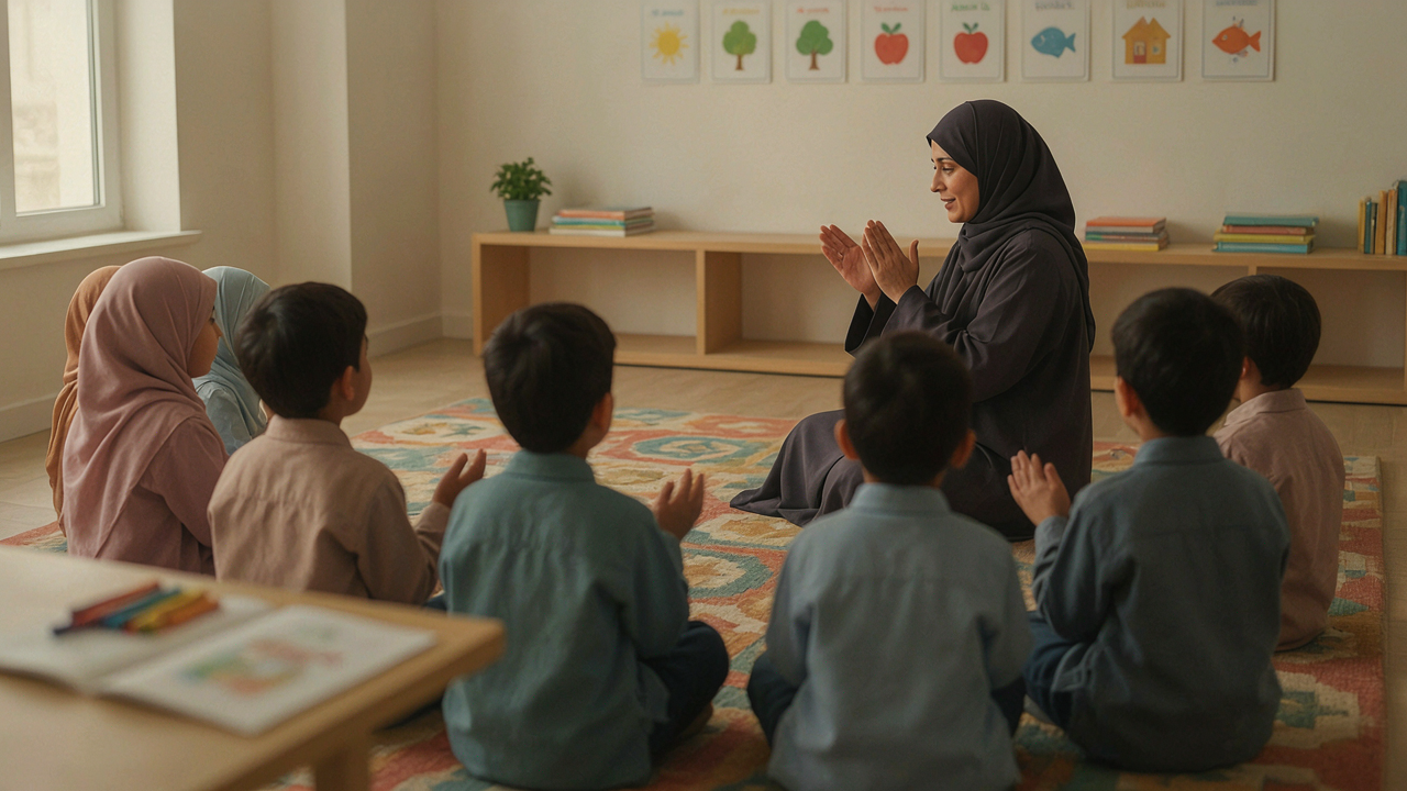 أناشيد الروضة - حلقة الغناء الجماعي أناشيد الروضة: معلمة تقود حلقة غناء جماعية مع أطفال يجلسون على سجادة ملونة