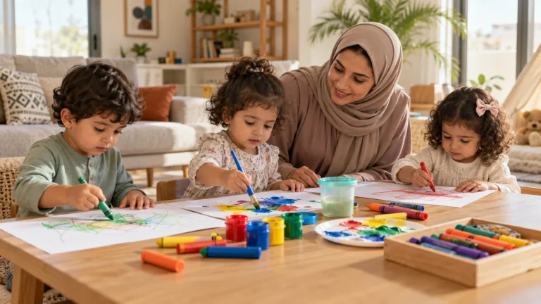 أطفال عرب صغار يرسمون ويلونون بأدوات آمنة تحت إشراف الأم