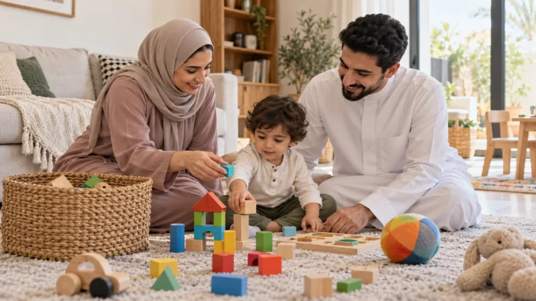 أسرة عربية تختار لطفلها مكعبات وكرة وأحجية بسيطة