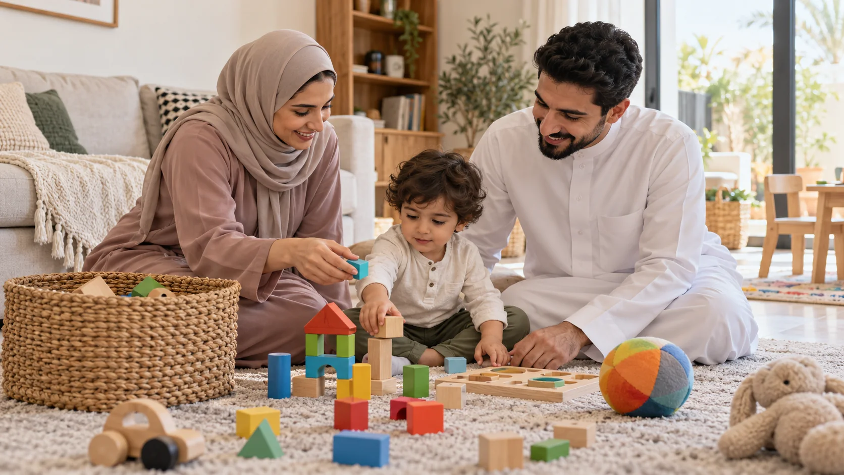 أسرة عربية تختار لطفلها مكعبات وكرة وأحجية بسيطة