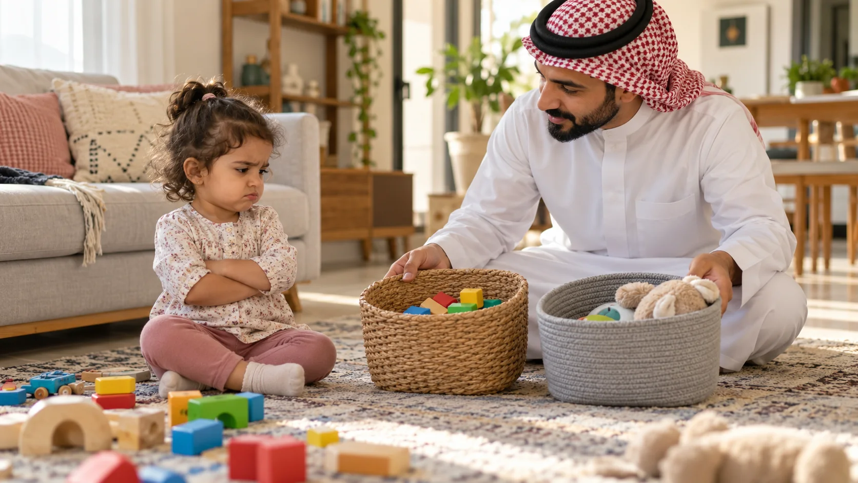 أب عربي يقدم لطفلته خيارين بسيطين لترتيب الألعاب
