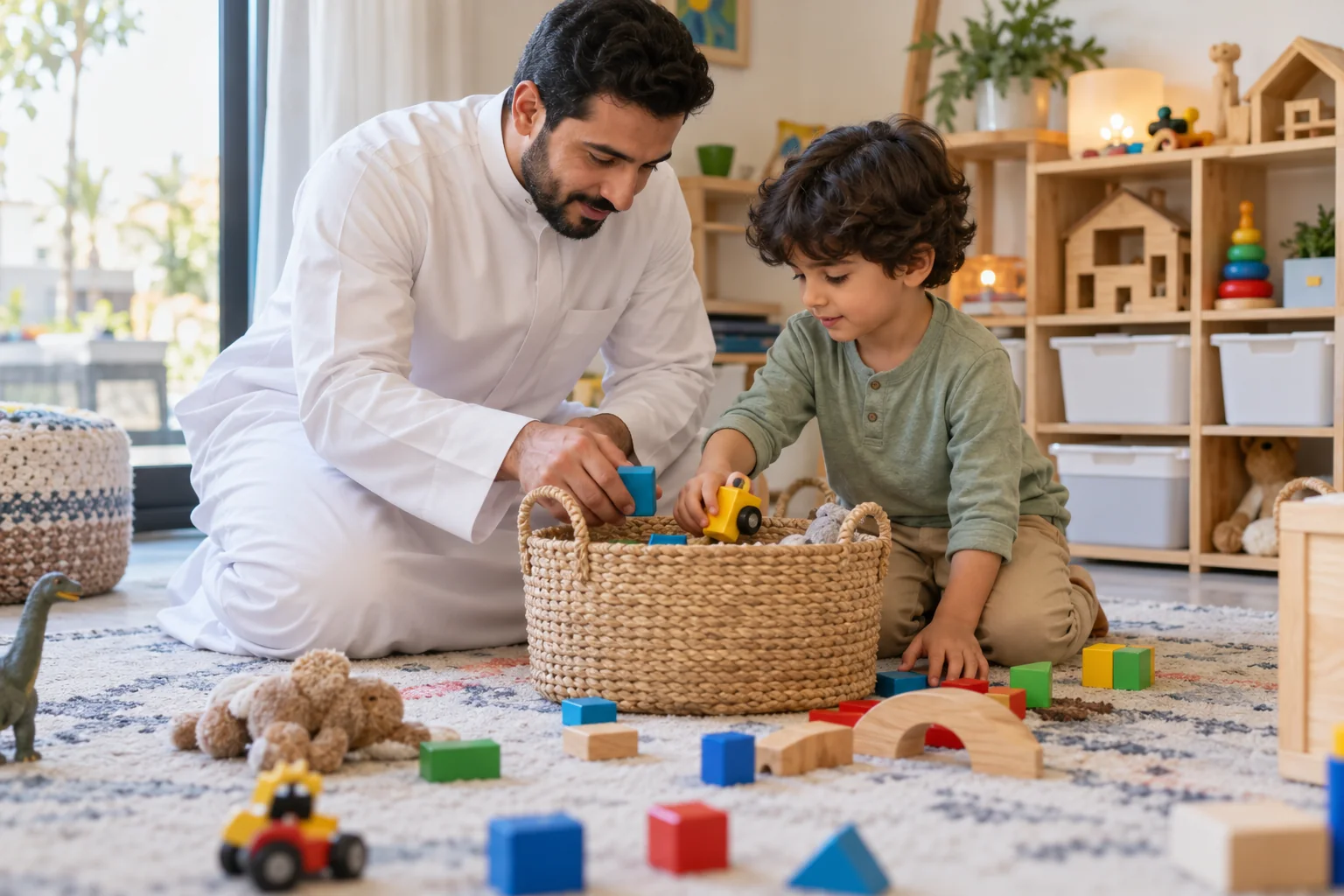 أب عربي يساعد طفله على إعادة الألعاب إلى السلة بهدوء