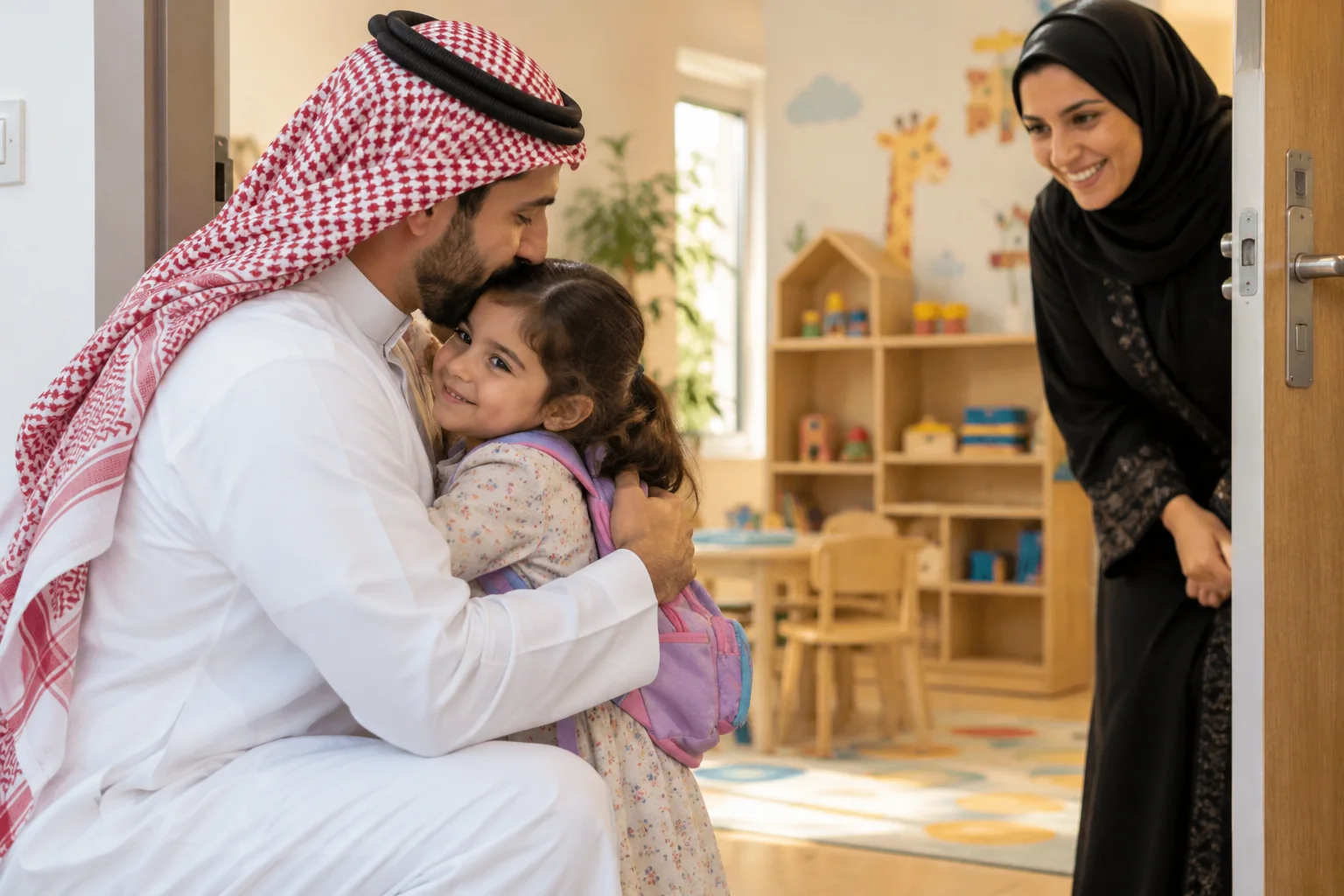 أب عربي يعانق طفلته عناقًا قصيرًا عند باب الحضانة