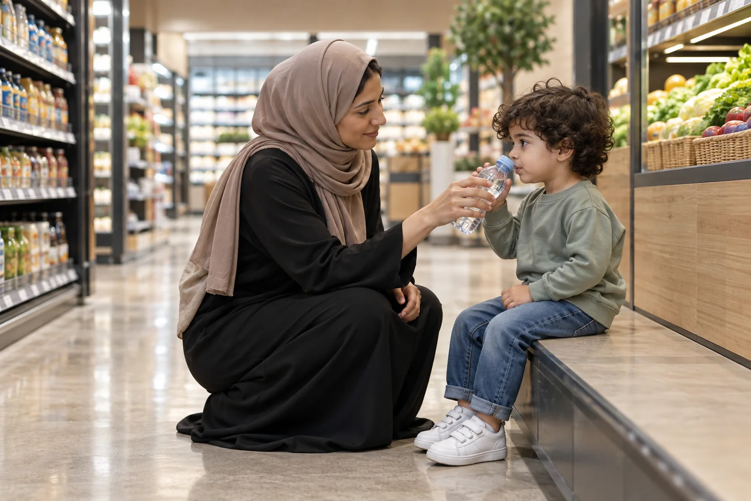 أم عربية تقدم الماء لطفلها في زاوية هادئة من السوق