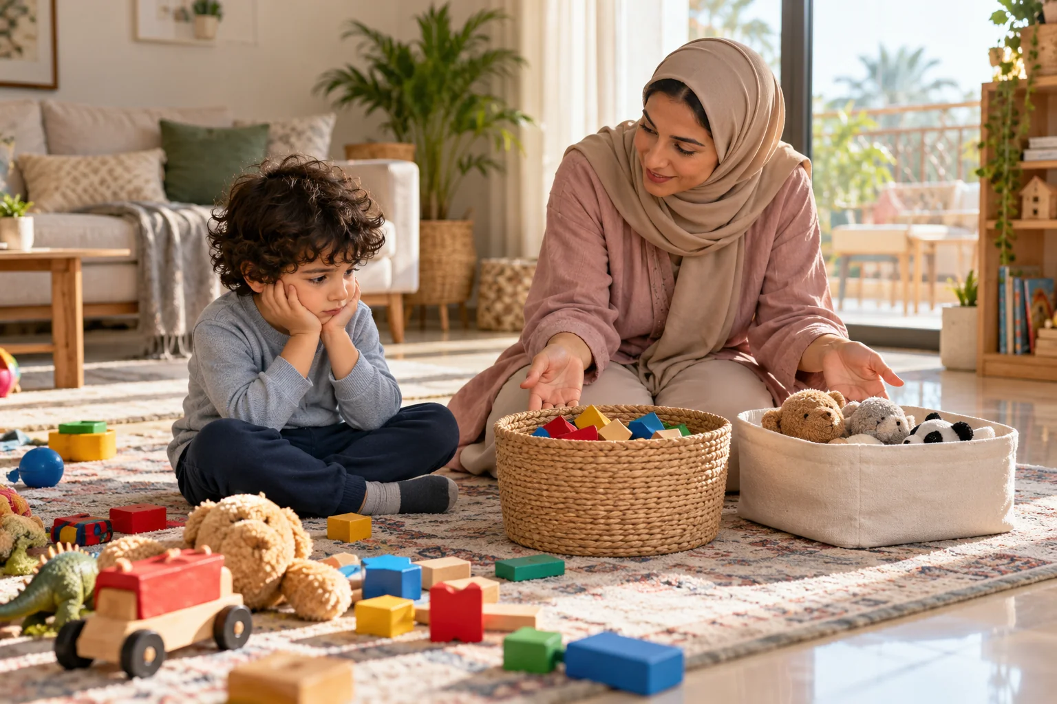 أم عربية تجلس قرب طفل منزعج وتقسم مهمة ترتيب الألعاب إلى خيارين