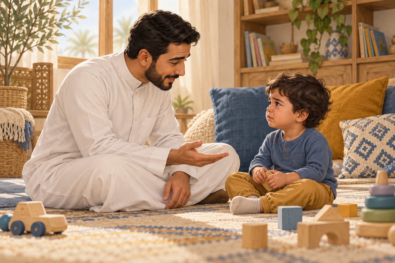 أب عربي يجلس في مستوى نظر طفله لتهدئته أثناء نوبة غضب في المنزل