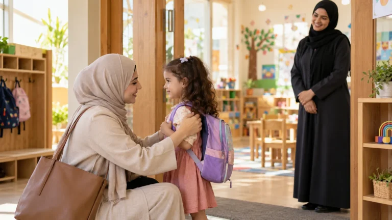أم عربية تودع طفلتها بهدوء عند باب الحضانة والمعلمة تستقبلها
