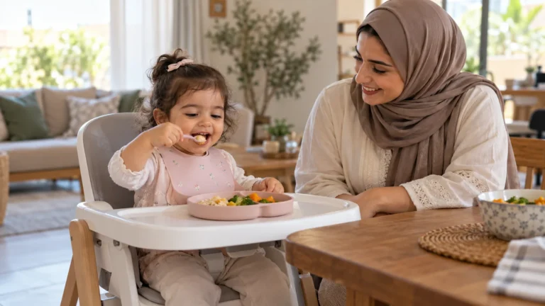 طفلة عربية تأكل بنفسها بالملعقة بينما تجلس أمها بالقرب منها