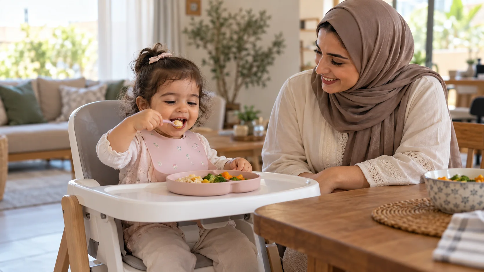 طفلة عربية تأكل بنفسها بالملعقة بينما تجلس أمها بالقرب منها