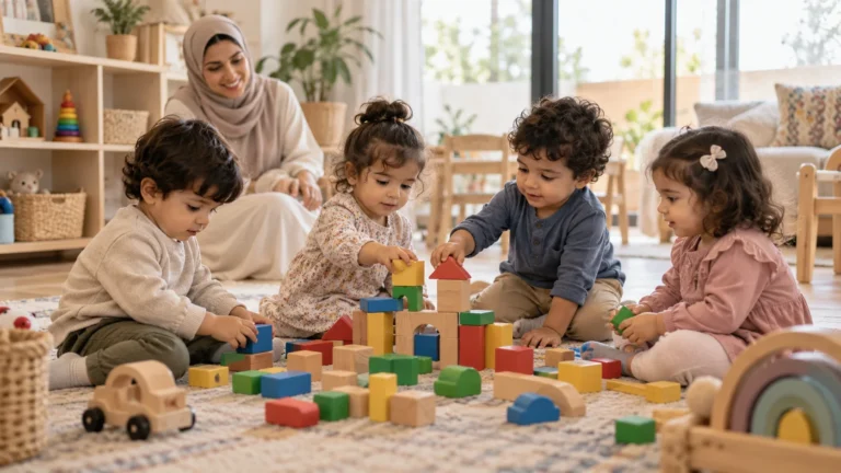مجموعة أطفال عرب ينتقلون من اللعب المتوازي إلى اللعب المشترك بالمكعبات