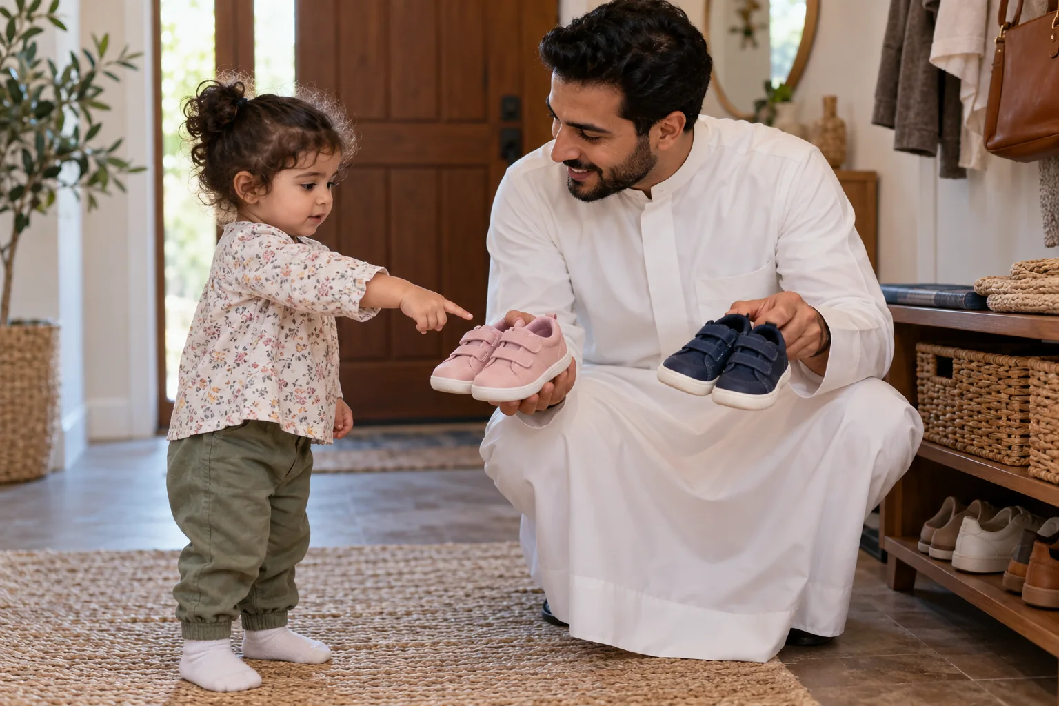 أب عربي يعرض على طفلته خيارين من الأحذية وهي تشير إلى اختيارها