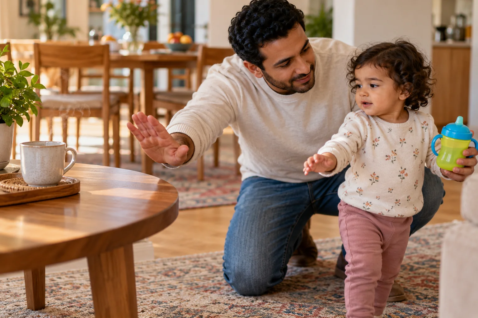 أب عربي يبعد طفلته بهدوء عن كوب ساخن ويقدم لها كوبًا آمنًا