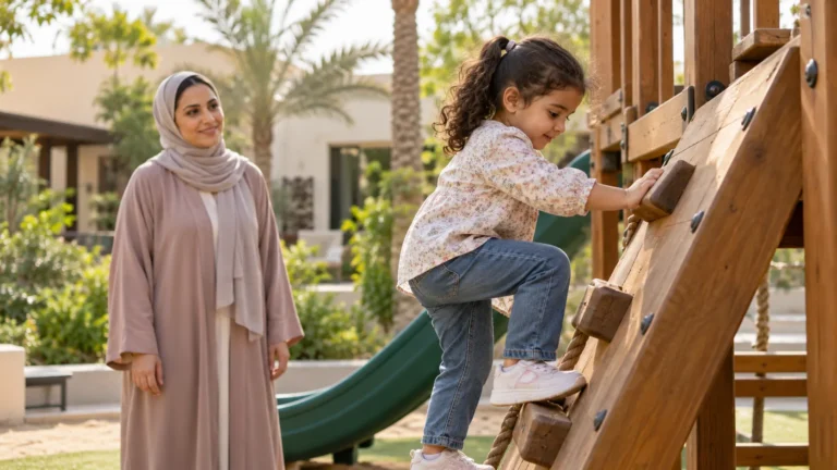 طفلة عربية تعبر عارضة توازن منخفضة بينما يراقبها والدها بهدوء