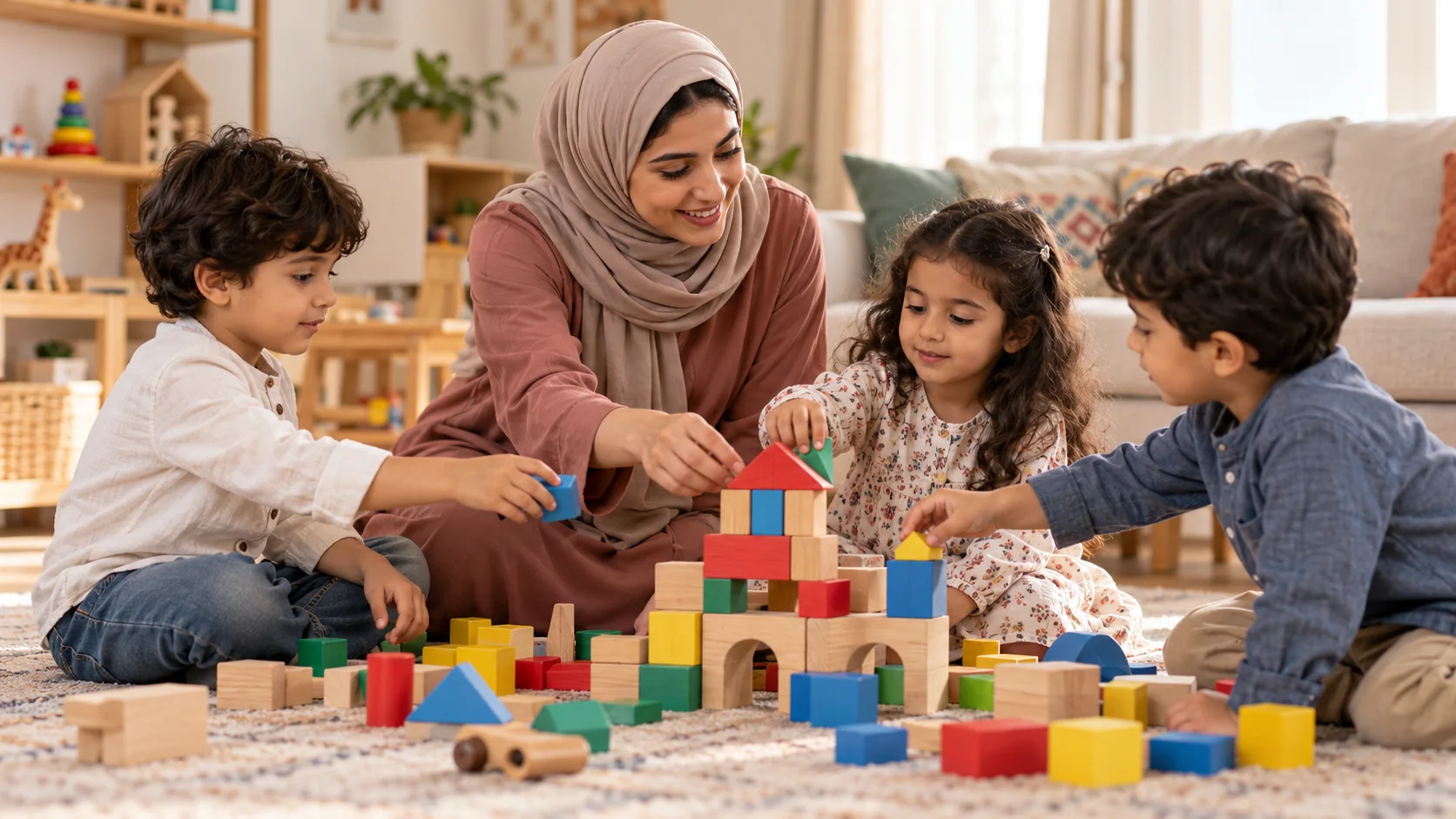 معلمة عربية تساعد ثلاثة أطفال على بناء مجسم مشترك بالمكعبات