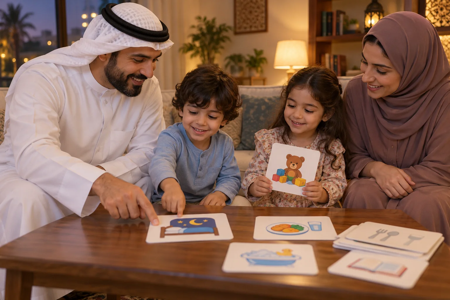 أسرة عربية تختار مع أطفالها بطاقات مصورة لقواعد النوم والطعام والألعاب
