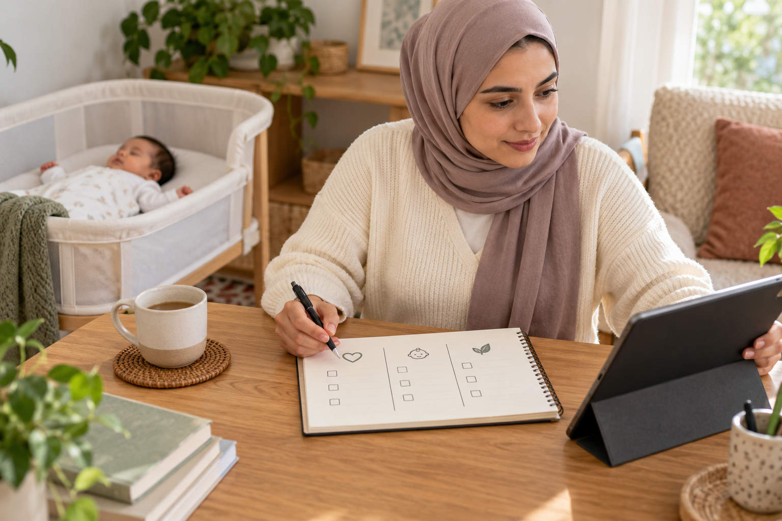 أم تراجع نصائح تربية الرضع في دفتر إلى جوار رضيعها النائم بأمان