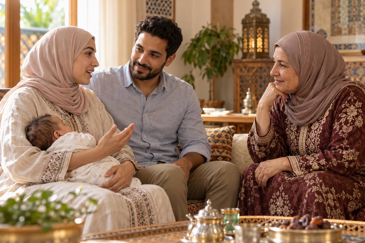 أم وأب يشرحان للجدة بهدوء حدود التعامل مع نصائح تربية رضيعهم
