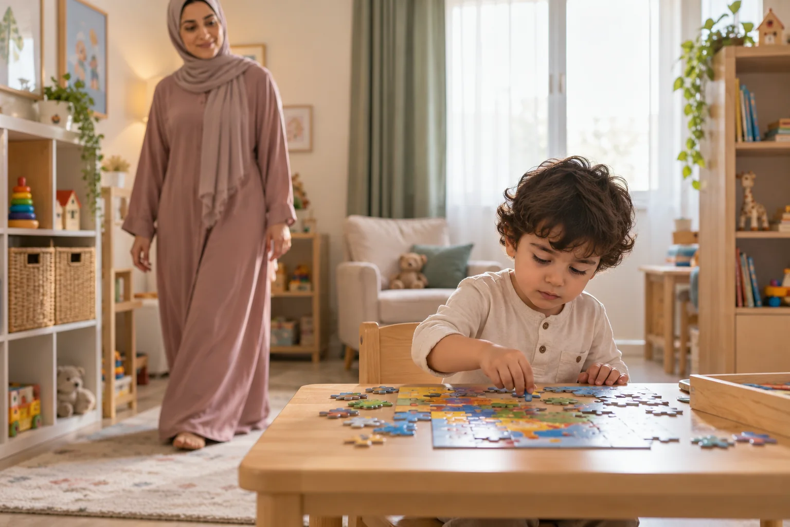 أم عربية تبتعد خطوة بينما يواصل طفلها تركيب الأحجية