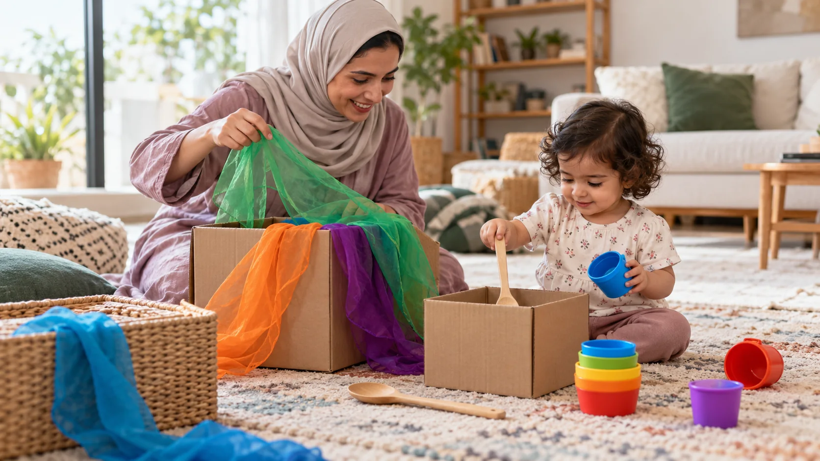 أم عربية تلعب مع طفلتها بالصناديق والأوشحة والأكواب المنزلية