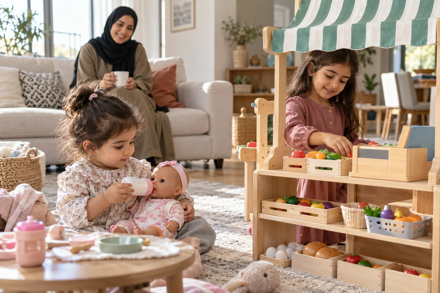 طفلة صغيرة تطعم دميتها وأختها الأكبر تدير متجرًا خياليًا