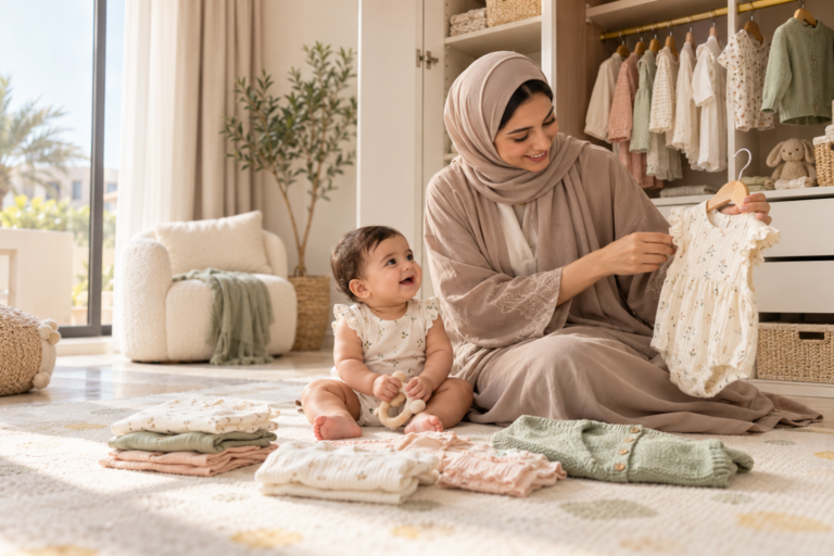 أم خليجية تختار ملابس رضيعها حسب الفصل والمناسبة