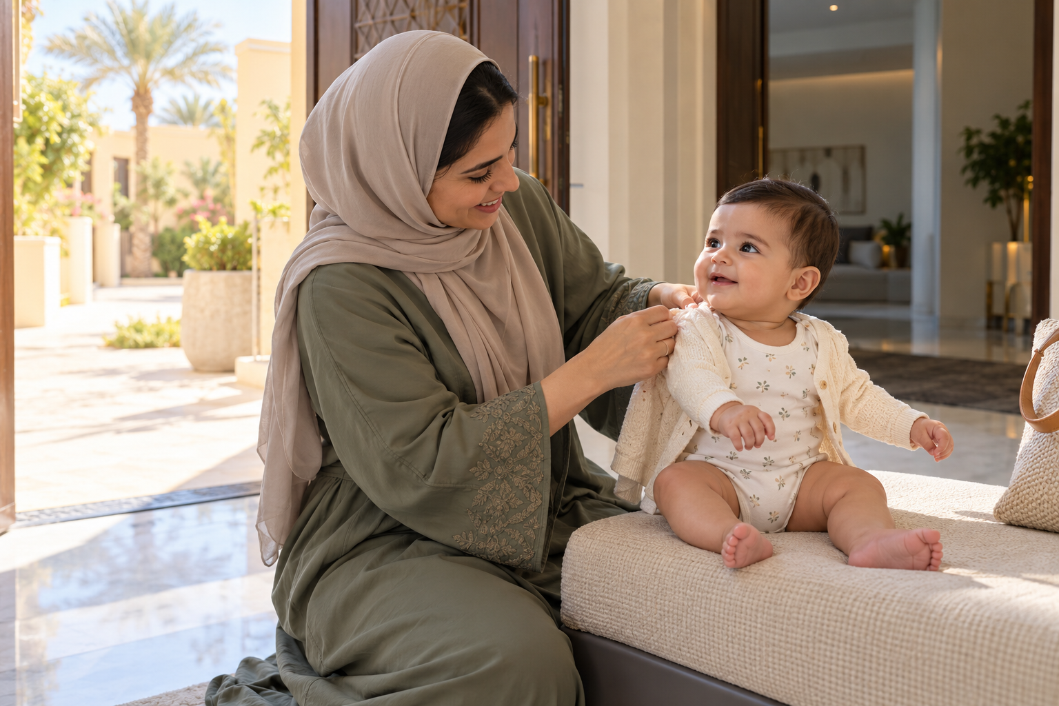 أم خليجية تضيف سترة قطنية خفيفة لرضيعها عند الانتقال إلى مكان مكيف