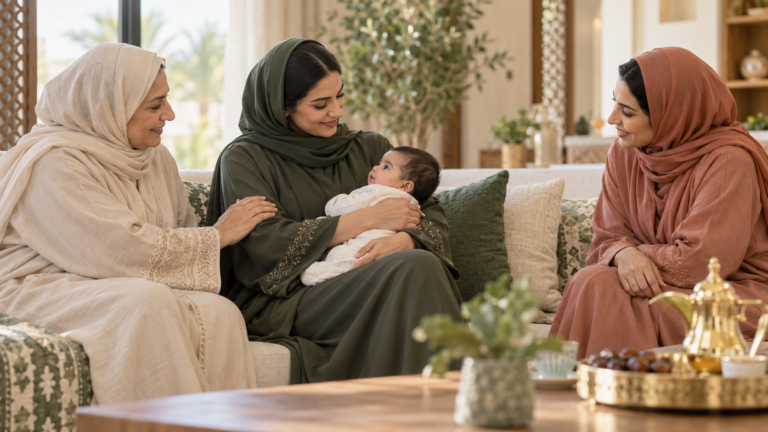 أم تحمل رضيعها وسط زيارة عائلية في مجلس خليجي هادئ
