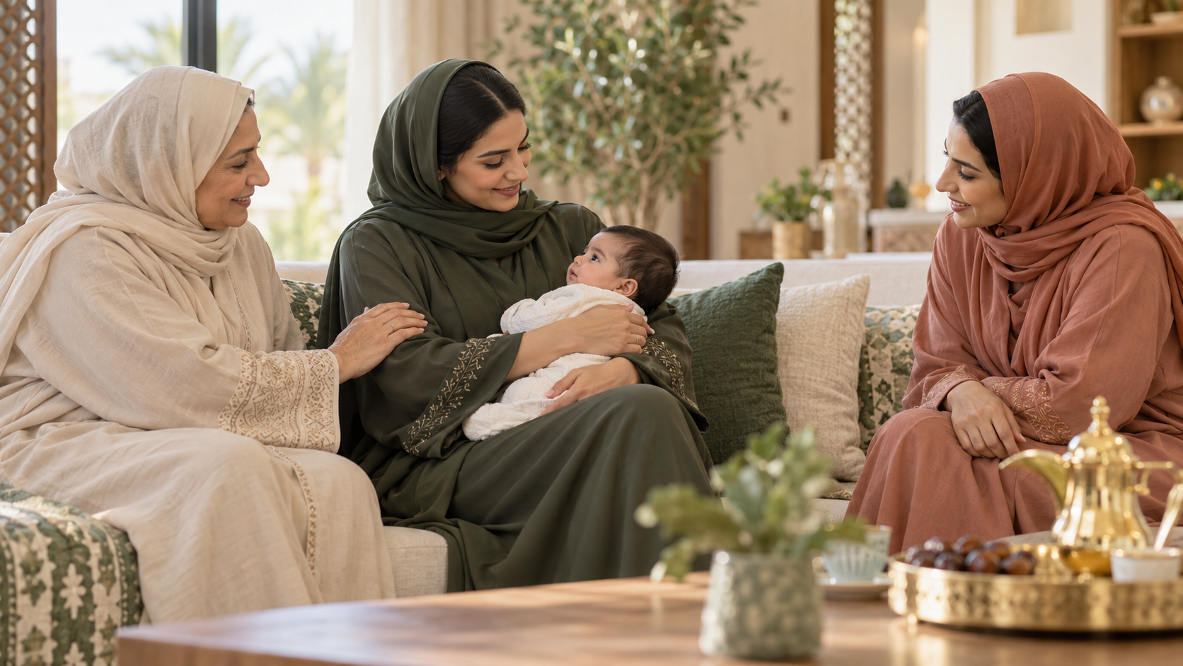 أم تحمل رضيعها وسط زيارة عائلية في مجلس خليجي هادئ