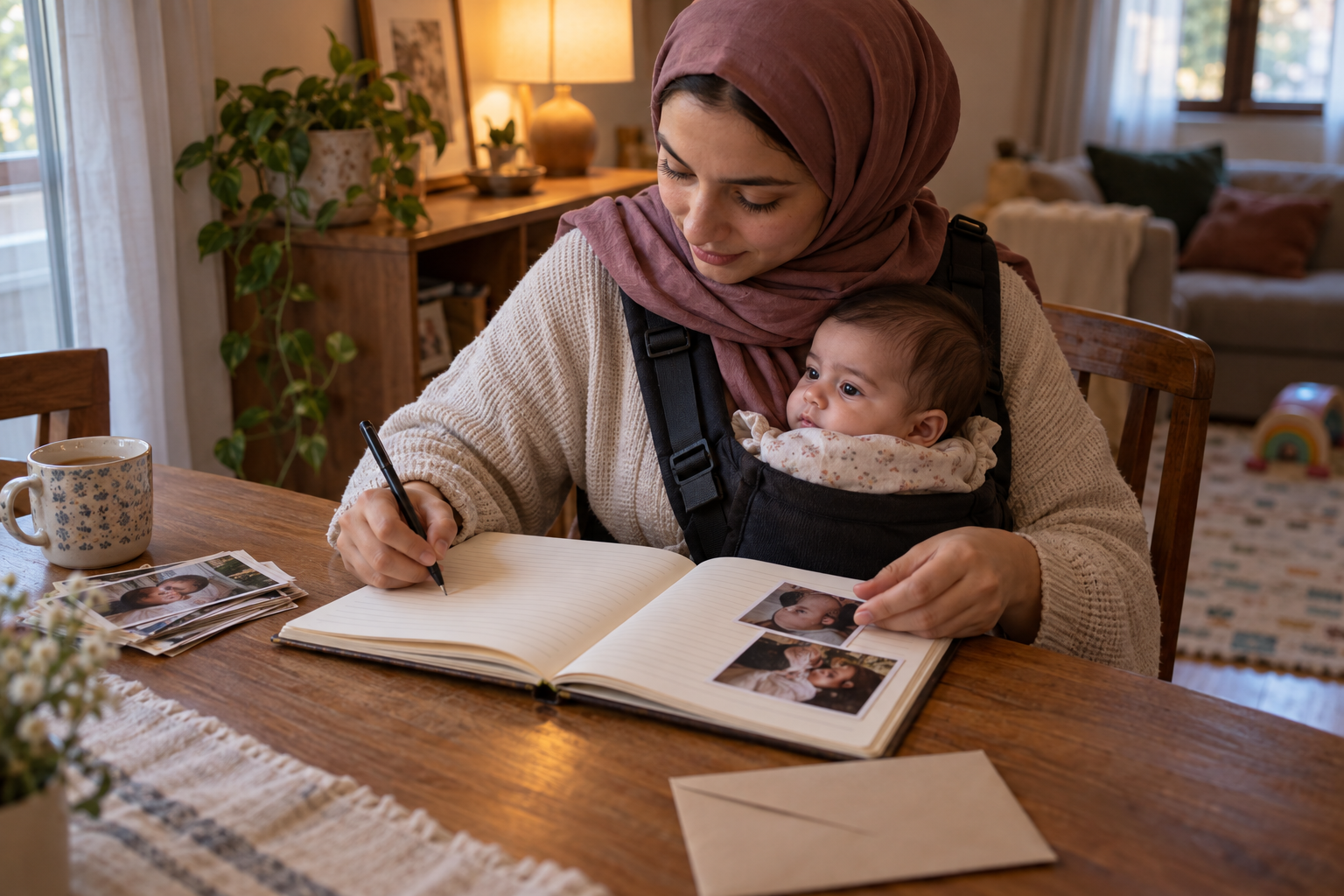 أم عربية تحمل رضيعها بأمان وتكتب ذكرى قصيرة بجوار صور مطبوعة في يومية السنة الأولى