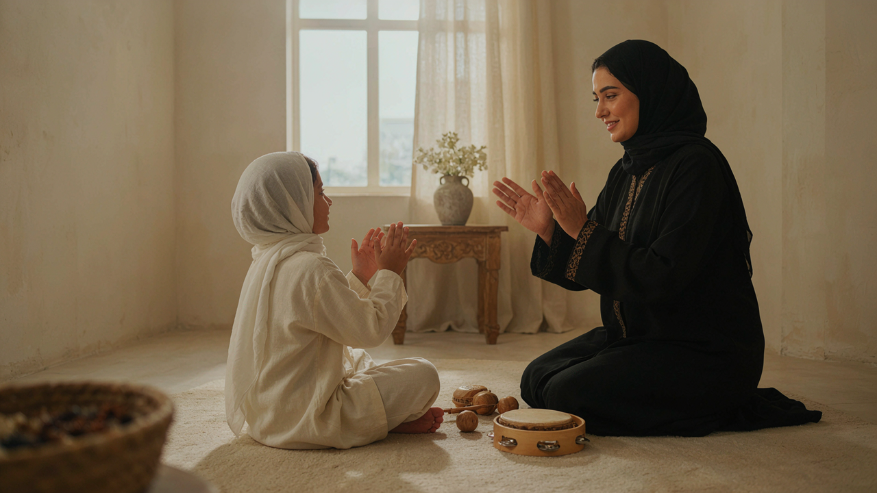 الإيقاع وتعلم النطق عند الطفل - التصفيق مع الأم الإيقاع وتعلم النطق عند الطفل: طفل يصفّق مع أمه على نغمة بسيطة بجانب أدوات إيقاع خشبية