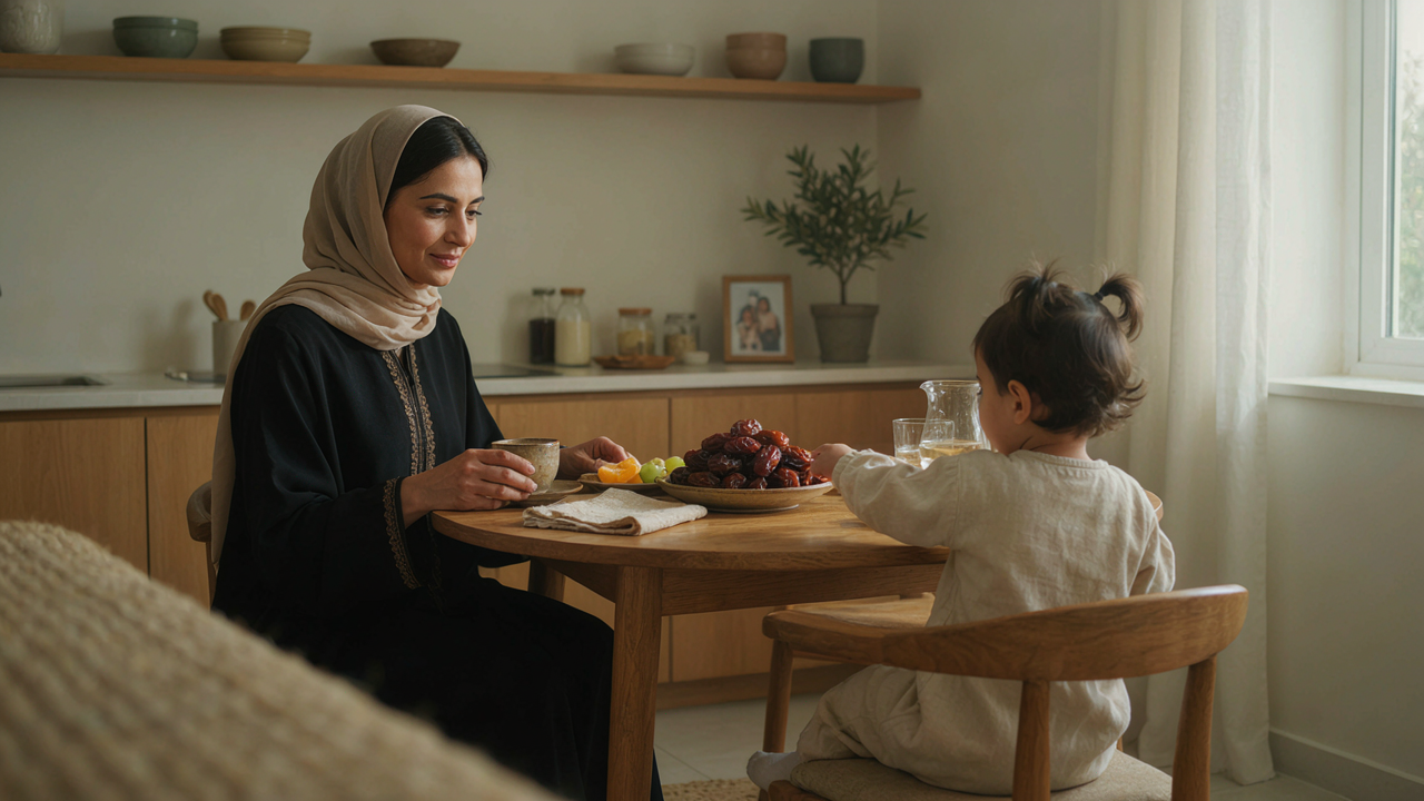 كلام الطفل في عمر السنتين: أم وطفلها حول مائدة التمر والفاكهة وهو يطلب بكلمتين