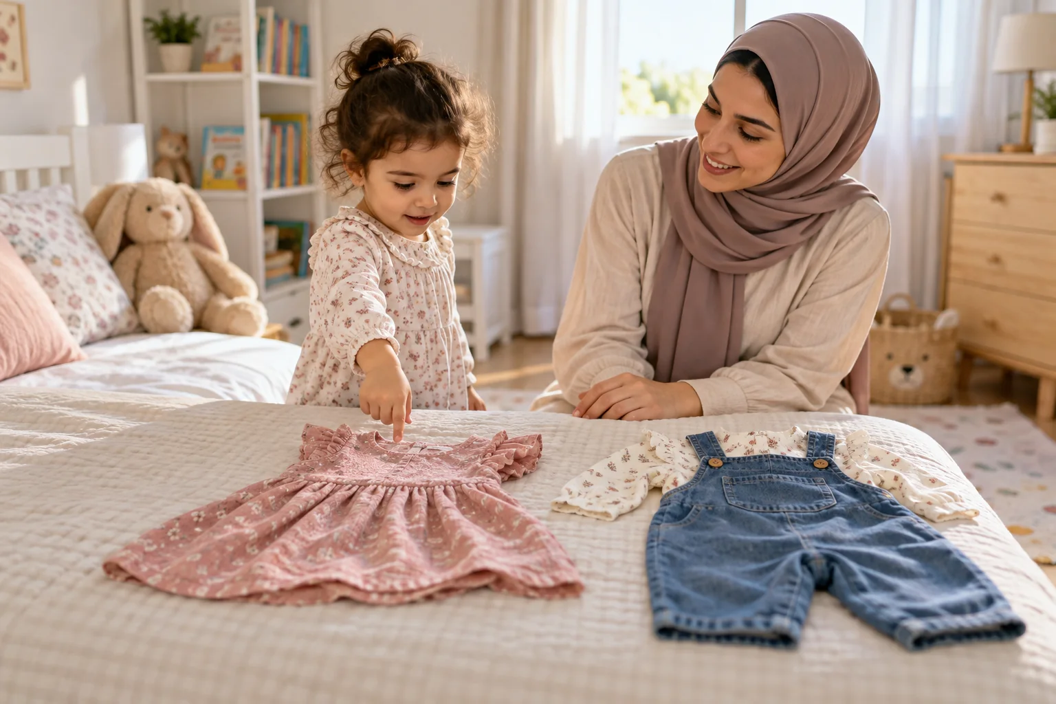أم عربية تعرض على طفلتها خيارين مناسبين من الملابس